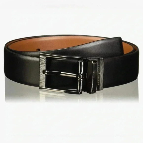 Perry Ellis Men’s Black Brown Reversible Leather Belt Gun Metal Square Buckle - Picture 3 of 16